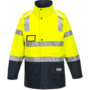 A bright yellow rain jacket with reflective stripes and navy blue sleeves, featuring a logo on the front.
