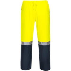 Hi-Vis pants in bright yellow with dark grey sections and reflective strips, featuring an elastic waistband and pockets.