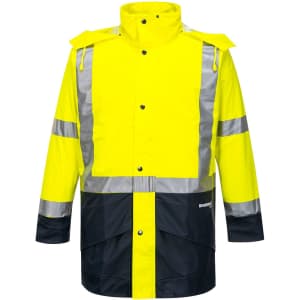 A hi-vis jacket in vibrant yellow with silver reflective strips and a navy bottom panel, featuring a hood and front buttons.