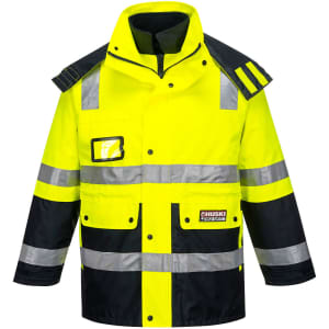 A high-visibility jacket in bright yellow and black, featuring reflective stripes and a logo.