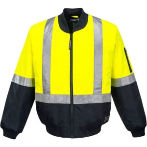 A high-visibility bomber jacket in yellow and black with reflective stripes and a zippered front. Features a pocket on the arm.