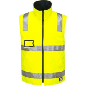 A bright yellow Hi-Vis traffic vest with reflective strips and a pocket, suitable for workwear. Features a logo.