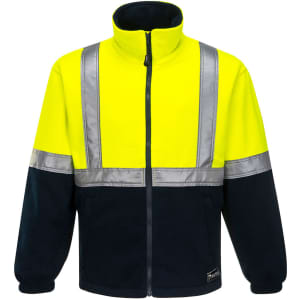 A polar fleece jumper in fluorescent yellow and navy, featuring reflective stripes and a zip-up collar.