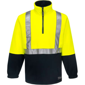 A high-visibility fleece top in fluorescent yellow with navy accents and reflective stripes, featuring a zip collar and brand logo.