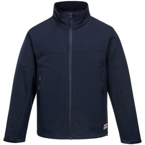 A navy softshell jacket with a high collar, zip closure, and front pockets. It features a logo on the side.