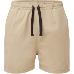 Beige sports shorts with an elastic waistband and black drawstring. The shorts have a smooth texture and minimal design.