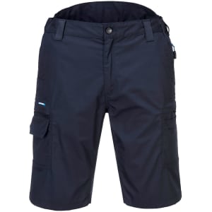 Navy cargo shorts featuring multiple pockets and a fitted waistband. Includes a logo on the side.