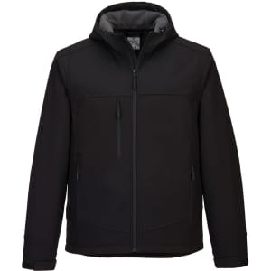 A hooded softshell jacket in black, featuring zippered pockets and a branded logo.