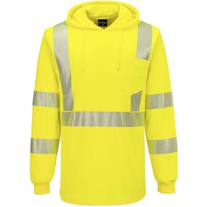 A bright yellow lightweight hooded T-shirt with reflective stripes and a pocket. It has a hood and long sleeves.