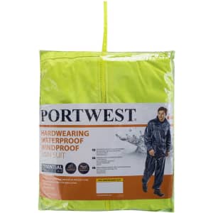 A PVC coated rain suit in bright yellow packaging, featuring a logo and a model wearing the suit.