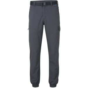 Lightweight cuffed pants in dark grey with side pockets and a belt. Features a logo on the waistband.