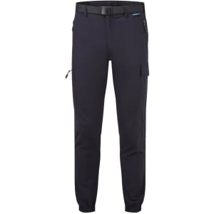 Lightweight cuffed pants in navy with a belt and pockets, featuring a branding logo on the side.