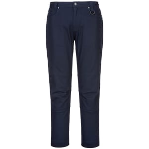 A pair of ladies' slim fit work pants in navy blue with a logo on the waistband.