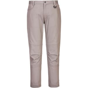Slim fit work pants in a light beige colour, featuring pockets and a logo detail. Suitable for women's workwear.
