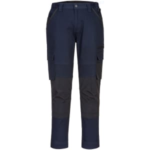 Navy blue women's stretch slim fit trade pants featuring cargo pockets and a logo.