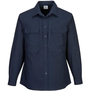 A navy long-sleeve utility work shirt featuring two chest pockets and a button-down front. It has a branded logo.