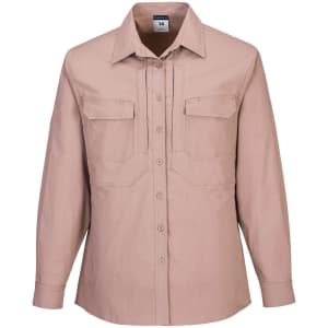A beige long-sleeve utility work shirt with a button front and two chest pockets, featuring a subtle logo.