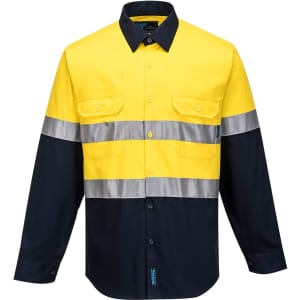 A yellow and navy long-sleeve button-up shirt with reflective strips and two chest pockets. Features a logo.