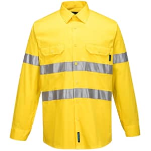 A lightweight long-sleeve yellow work shirt with silver reflective stripes and two chest pockets. Features a logo.
