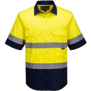 A lightweight short-sleeve shirt featuring high-visibility yellow and navy colours with reflective stripes and a logo.