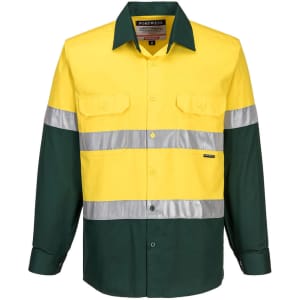 A long-sleeve lightweight shirt in yellow and green, featuring reflective stripes and a logo.