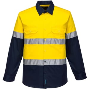 Lightweight long-sleeve shirt in bright yellow and navy, featuring reflective stripes and a collar. Includes two front pockets and branding.