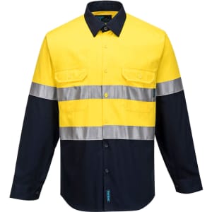 A high-visibility long-sleeve work shirt in yellow and navy, featuring reflective stripes and a logo.