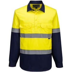 A long-sleeved shirt in bright yellow and navy, featuring reflective stripes and a logo on the chest.