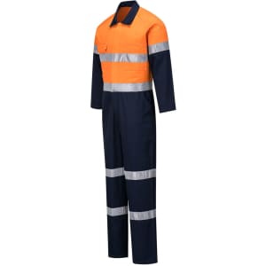 A cotton coverall in orange and navy, featuring reflective stripes and a front pocket. It includes a logo on the chest.
