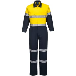 A cotton coverall in yellow and navy, featuring reflective stripes and a logo. Suitable for uniforms and workwear.