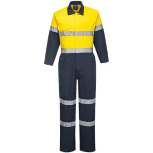 A cotton coverall in yellow and navy with reflective stripes, featuring a collared design and long sleeves.