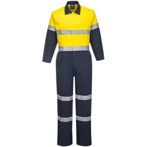 A yellow and navy cotton coverall with reflective strips, featuring long sleeves and a front pocket.