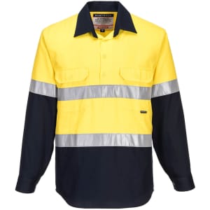 Long-sleeve work shirt in bright yellow with black sleeves and reflective strips, featuring a logo.