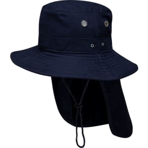 A navy blue wide brim hat with ventilation grommets and a neck flap for sun protection. It features a logo.