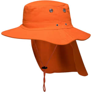 An orange wide brim hat with ventilation eyelets and a neck flap, featuring an adjustable drawstring.