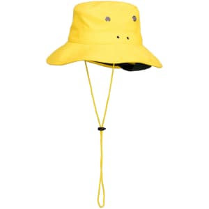 A yellow wide brim hat with eyelets and a chin strap, designed for sun protection. It features a versatile style.