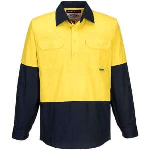 A long-sleeved button-up shirt featuring a yellow and navy design with chest pockets and branding.