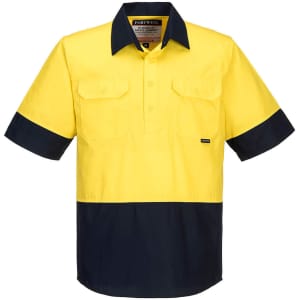 A short-sleeve button-up shirt in bright yellow with a navy blue lower section and a logo.