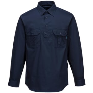 A dark blue long-sleeve button-up shirt featuring two chest pockets and a logo.