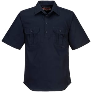 A lightweight short-sleeve, button-up shirt in navy blue, featuring two chest pockets and a logo.