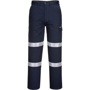 Navy cargo pants with reflective stripes and a side pocket, featuring a branding logo.