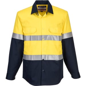 A yellow and navy work shirt with reflective stripes and two front pockets, featuring a logo.