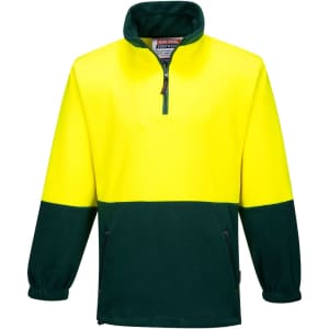 A polar fleece jumper in bright yellow and dark green, featuring a half-zip collar and side pockets.