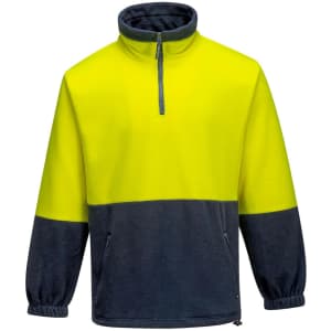 A polar fleece jumper in bright yellow and dark grey, featuring a zip collar and side pockets.