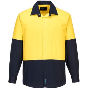 A long-sleeve shirt featuring a yellow top half and a navy blue bottom half, with a collar and buttoned front.