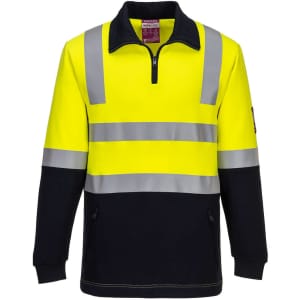 A high-visibility fleece jumper in fluorescent yellow and black with reflective stripes. Features a zip neck and a logo.