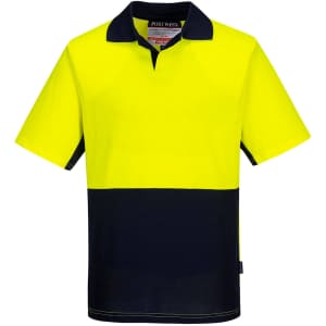 A vibrant high-visibility yellow and navy polo shirt with a collar and short sleeves, featuring a logo.