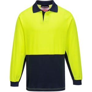 A long-sleeve polo shirt in fluorescent yellow and navy blue, featuring a collar and a branded logo.
