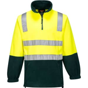 A polar fleece jumper in high visibility yellow and dark green, featuring reflective stripes and a half-zip design.