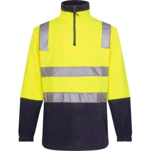 A polar fleece jumper featuring bright yellow and navy colours with reflective strips and a zip collar.